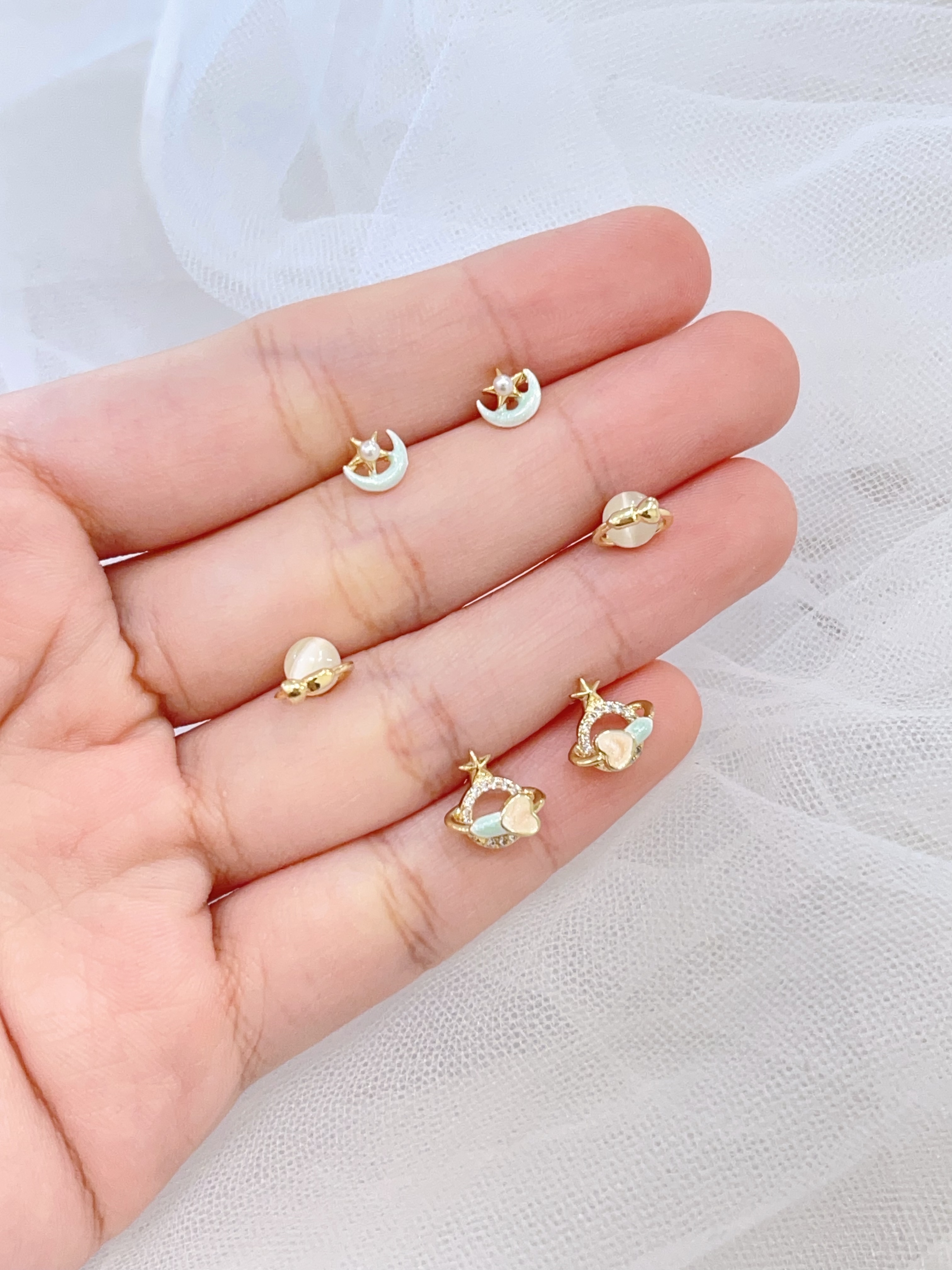 爱心宇宙猫眼石耳环套装