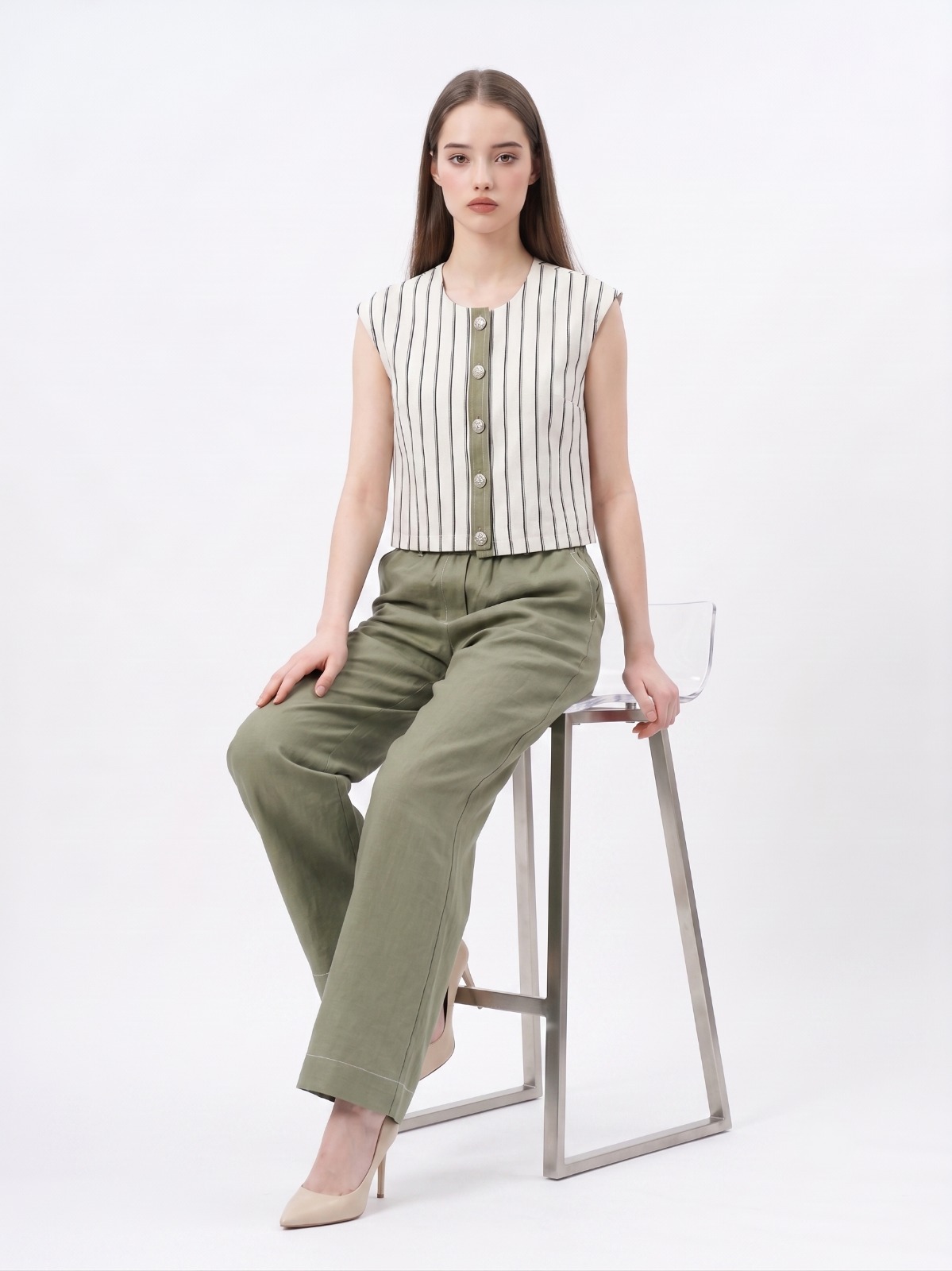 E8259BB Mila Striped Button Detail Crop Top