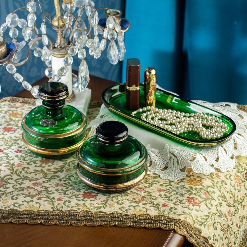Vintage German Füger Taube 1947-1954 Art Deco Style Green Glass Dressing Table Set - Tray, Powder Box & Perfume Bottle (MX006)