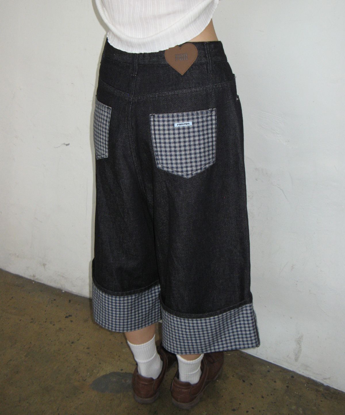 🇰🇷訂購｜ronron｜CHECK COMBI BERMUDA DENIM PANTS  