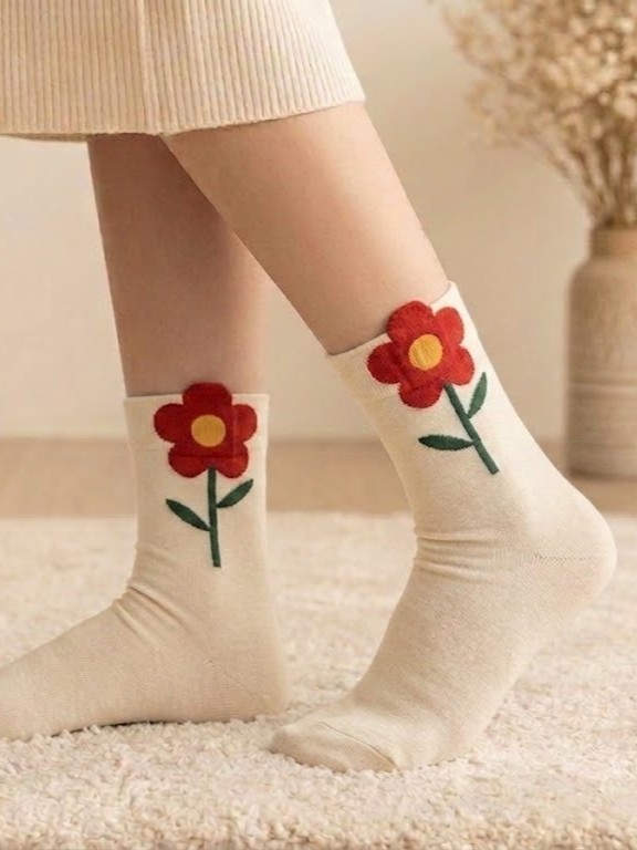 Korean Big Flower Women's High Crew Socks