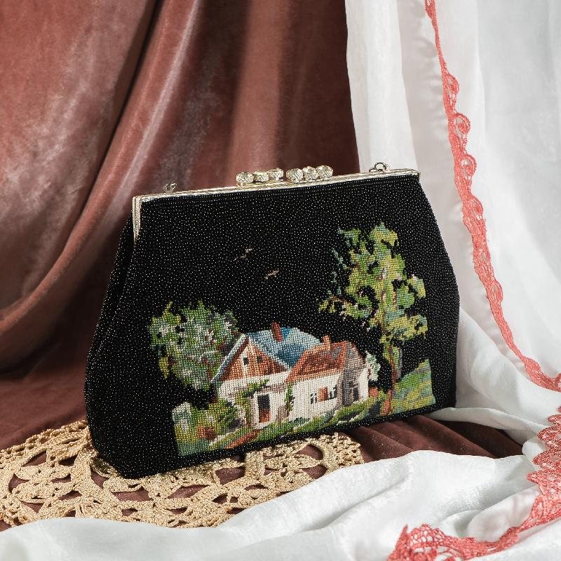 Vintage 1980-90s Beaded Storybook Cottage Handbag - New Old Stock (NA0782)