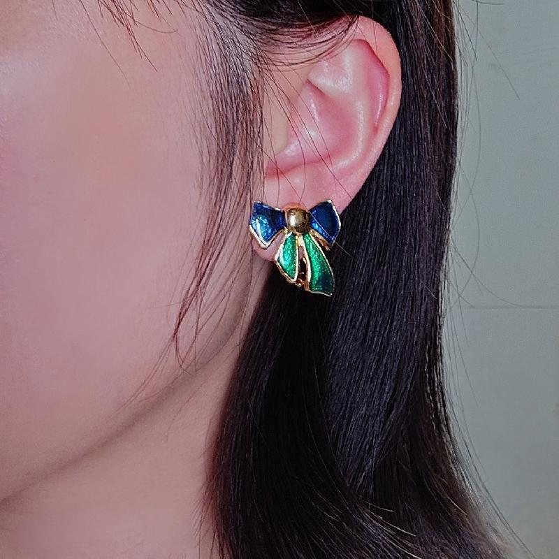 Vintage Enamel Blue and Green Ribbon Bow Clip Earrings from Germany (C042)