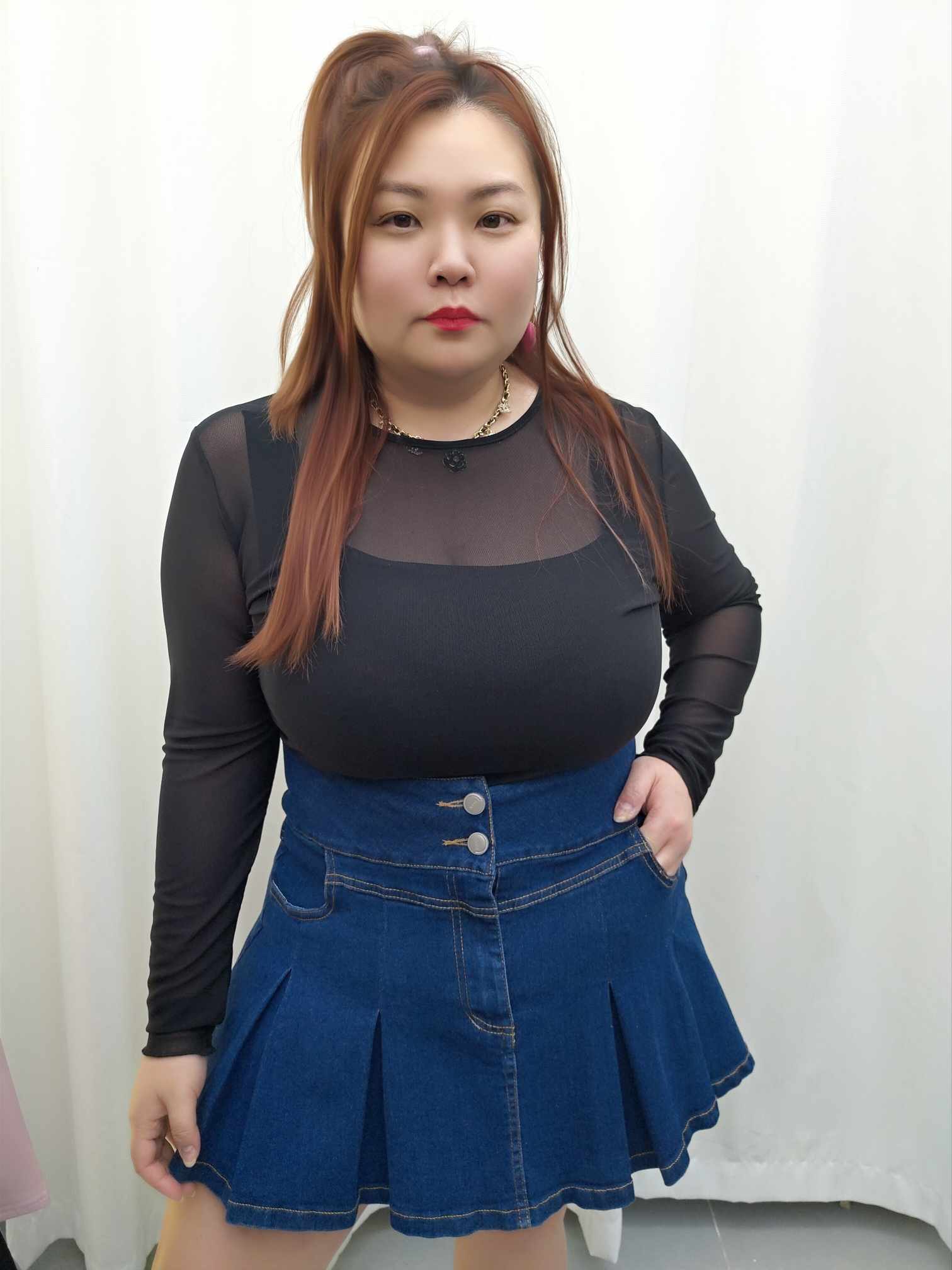 DDA08 1682(C2) 牛仔百褶高腰裤裙