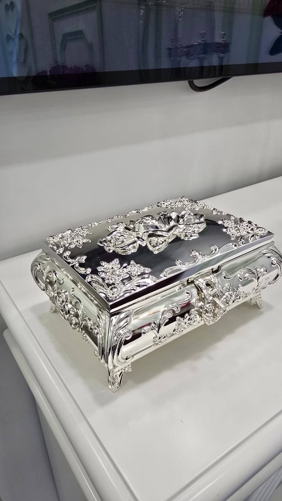 鍍銀玫瑰花紋7"長方形首飾盒 K2769L