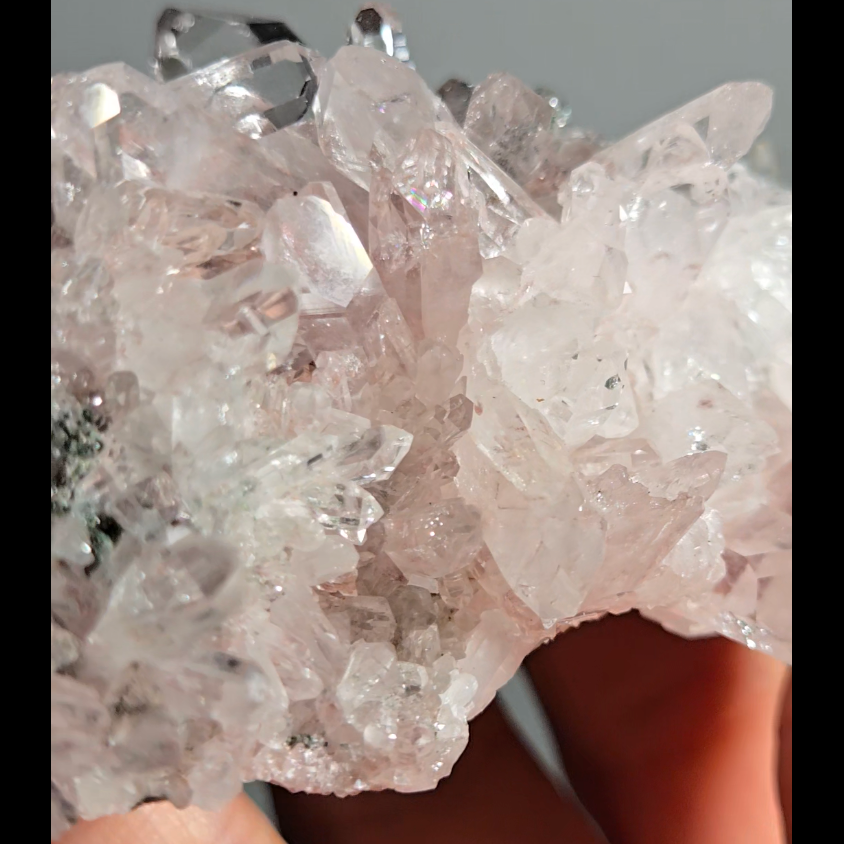 Pink Lemurian quartz cluster with green chlorite inclusions - LQ191