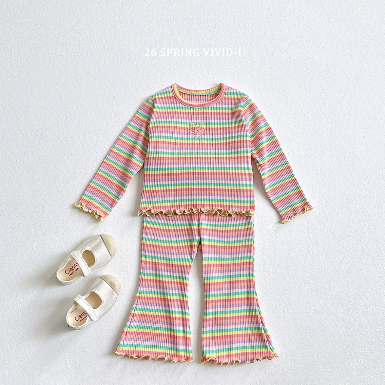 🌸預訂 韓國直送🌸🇰🇷VIVIDI兩色彩虹條紋花邊喇叭褲