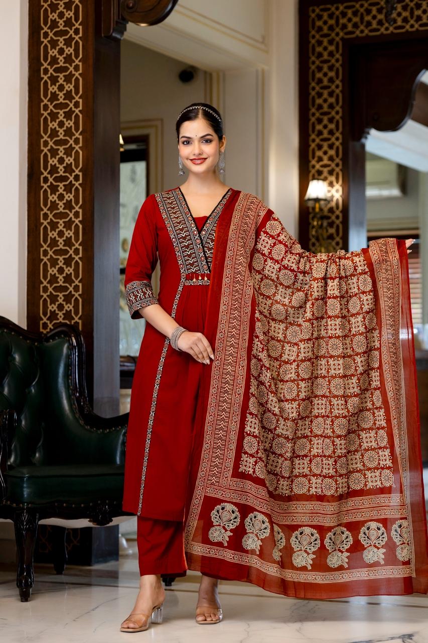 Deep Red & Black  cotton Kurta set