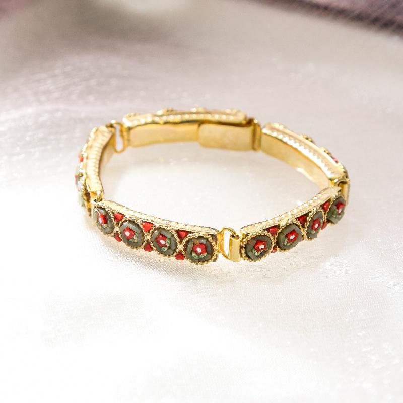 C.a. 1950-60s New Old Stock Italian Mosaic Link Bracelet -Flower with Branch - Grey x Red(FA210)