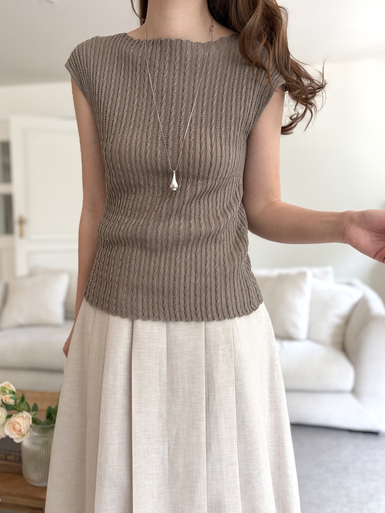 Crochet Boat Neck Knit Top (Brown)