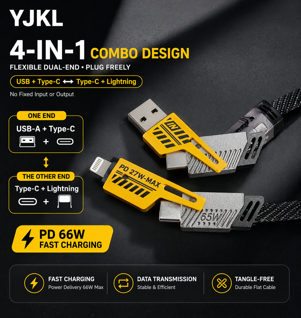 YJKL 4-in-1 Fast Charging Cable (65W) | Flat Durable Design | Lightning + Type-C + Micro USB | For Android & Apple (Except iPhone 15/16/17)