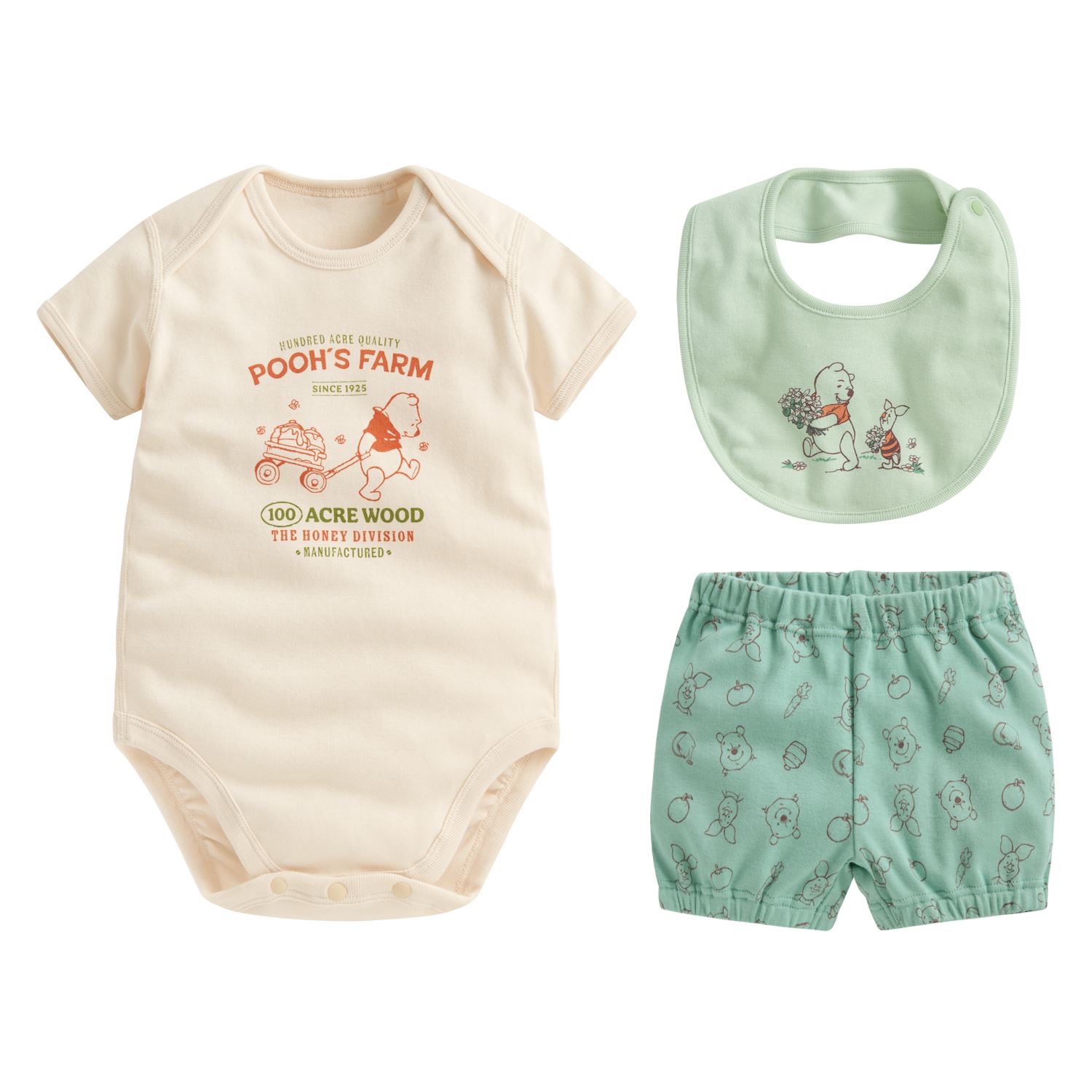 ☀️代購預訂 台灣直送☀️Winnie the pooh小熊維尼純棉人物印花短袖包屁衣短褲圍兜三件套