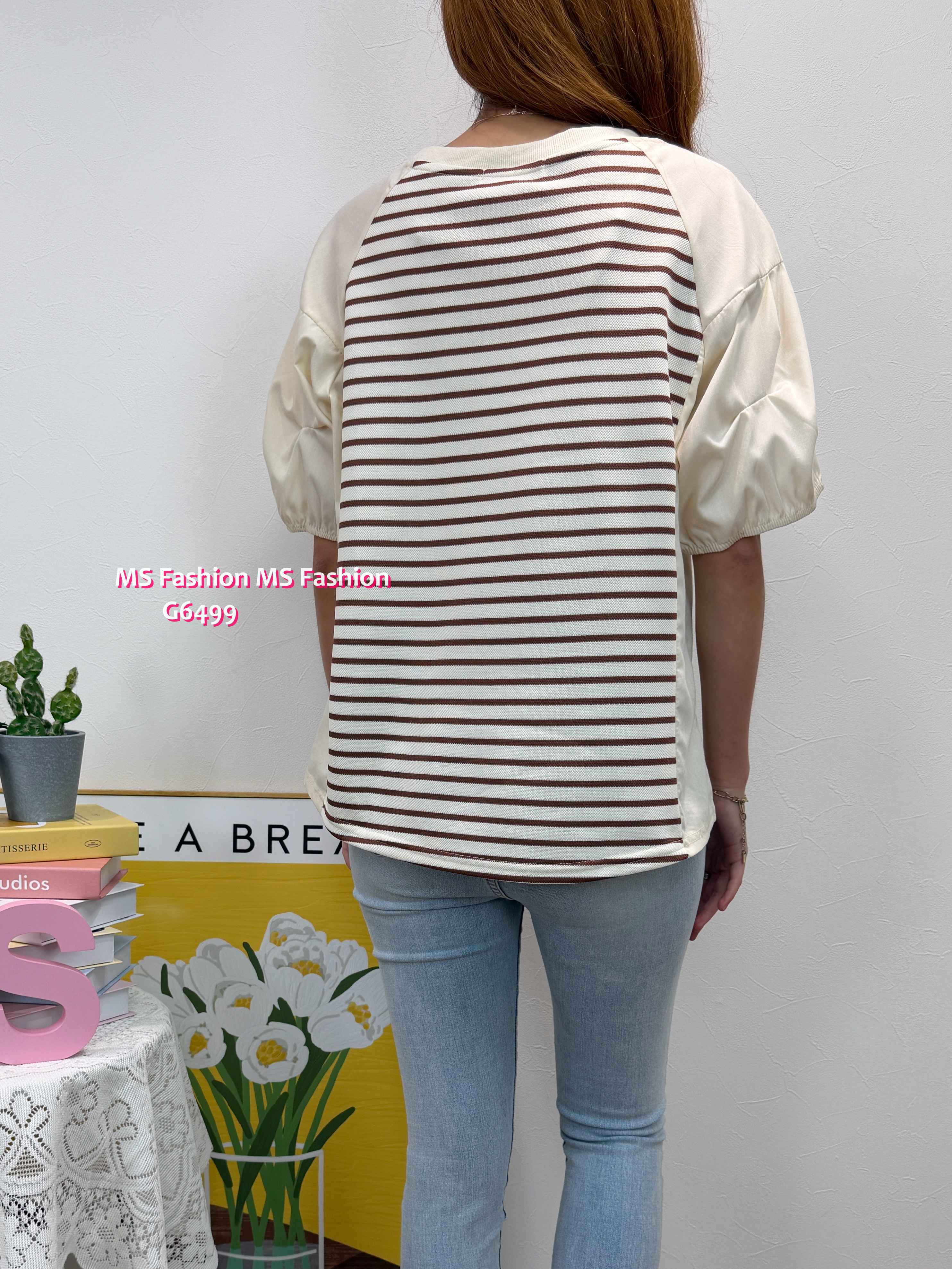 G6499 橫間泡泡摺袖top