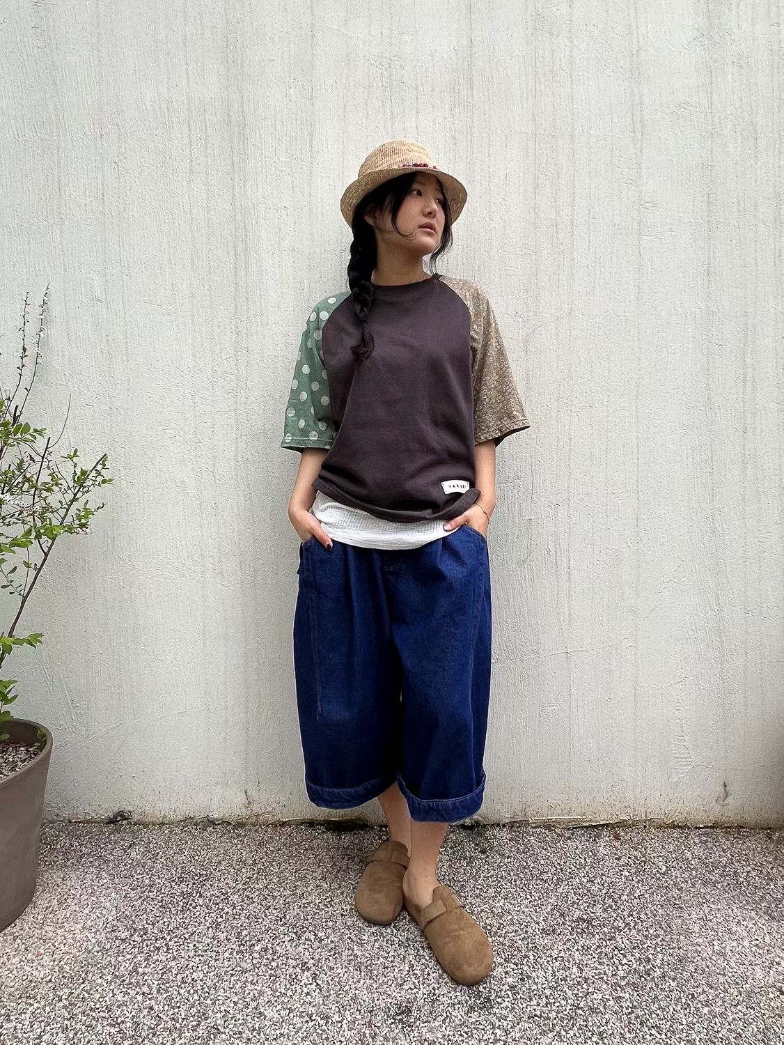 YA OX 併布袖子top