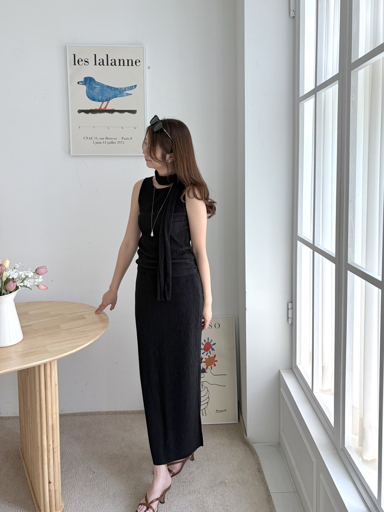 Summer Pleated Scarf Set (Black)