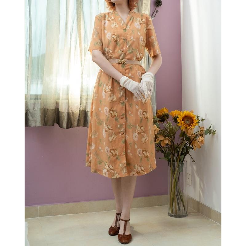 Vintage C.a. 1990s Light Tangerine Floral Pattern Button Up Summer Dress (MT1840-8)