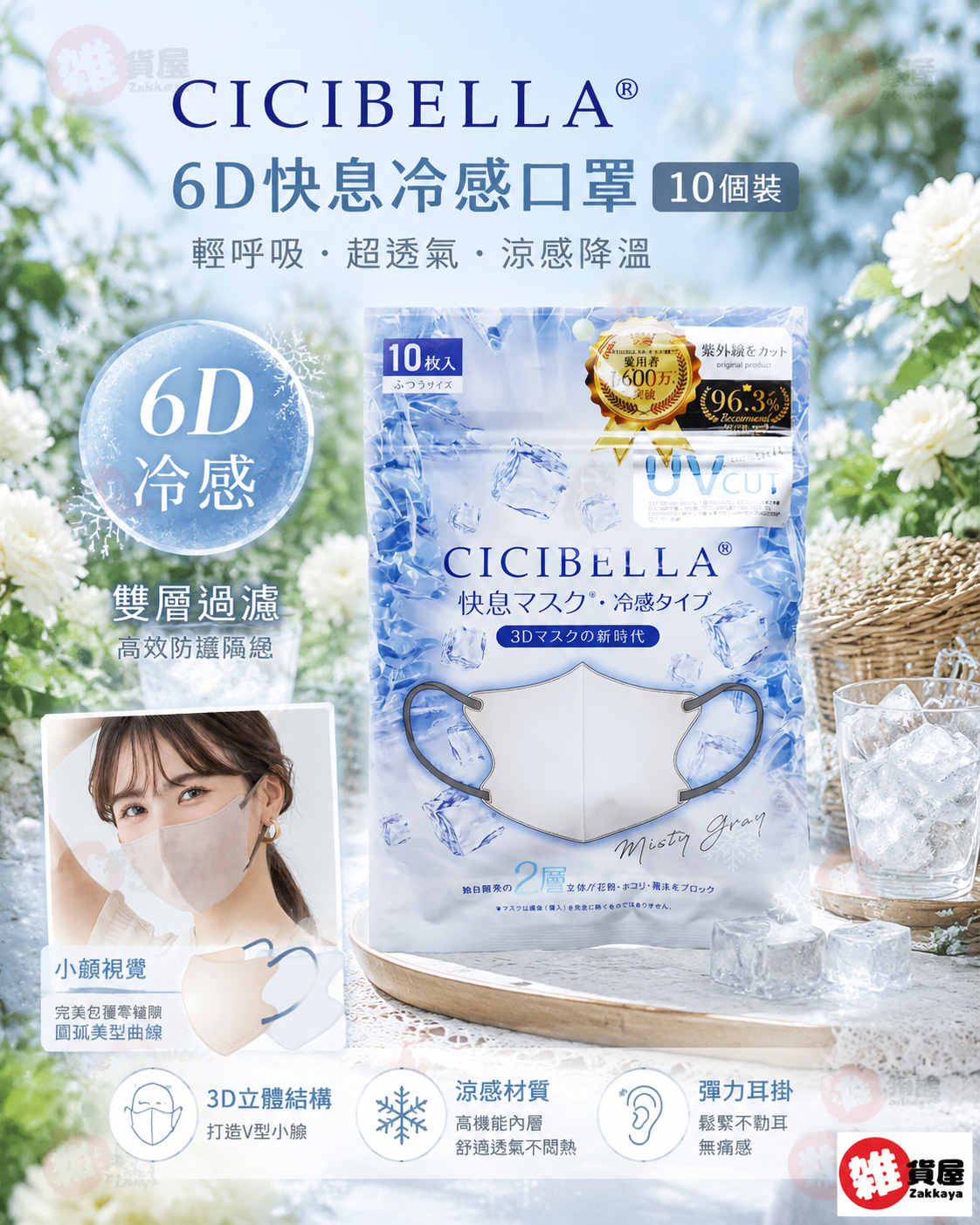 CICIBELLA 6D快息冷感口罩 10個裝/包 灰粉+深灰繩 