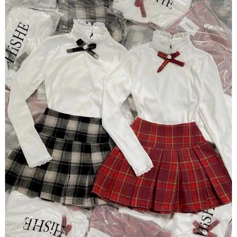 長袖上衣和格子裙两件套