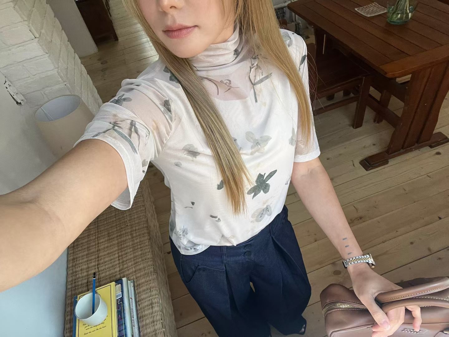 B2 復古印花透紗疊穿 T