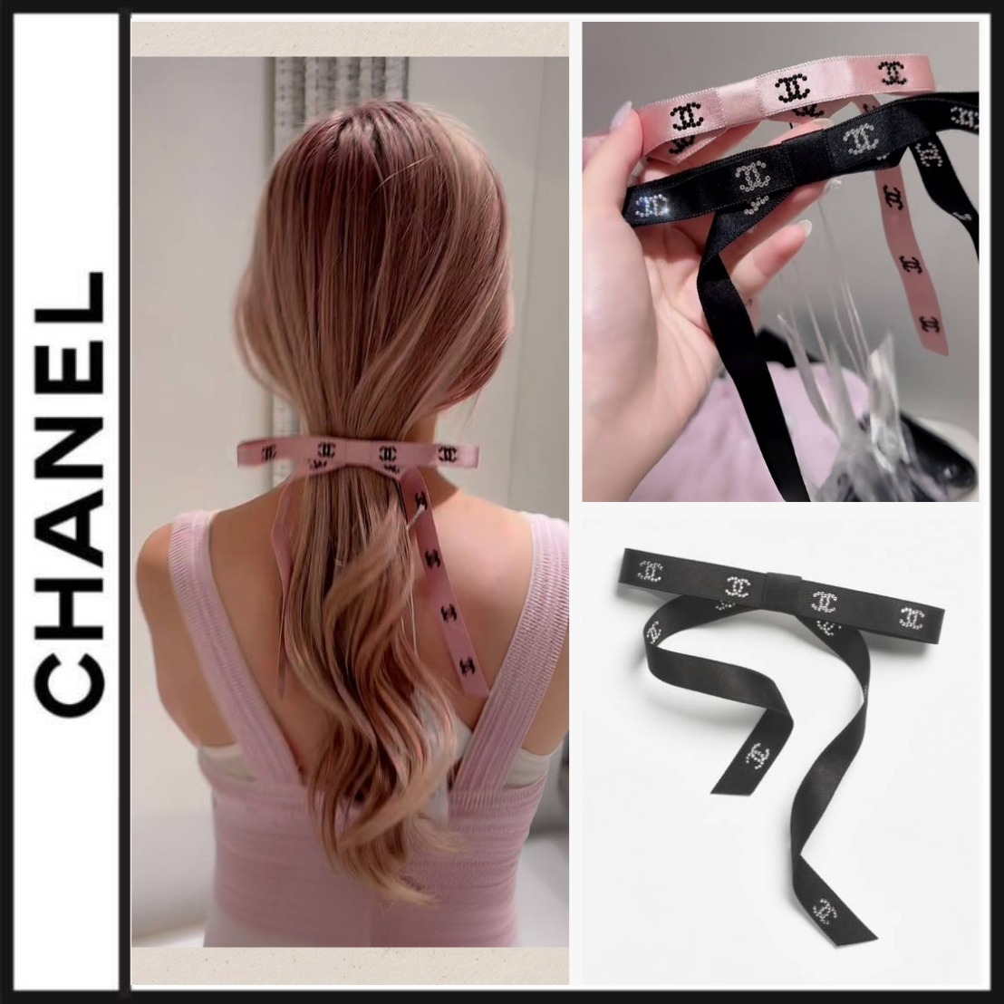 💯CHANEL VIP會員禮✨閃鑽CC 蝴蝶結絲帶髮夾