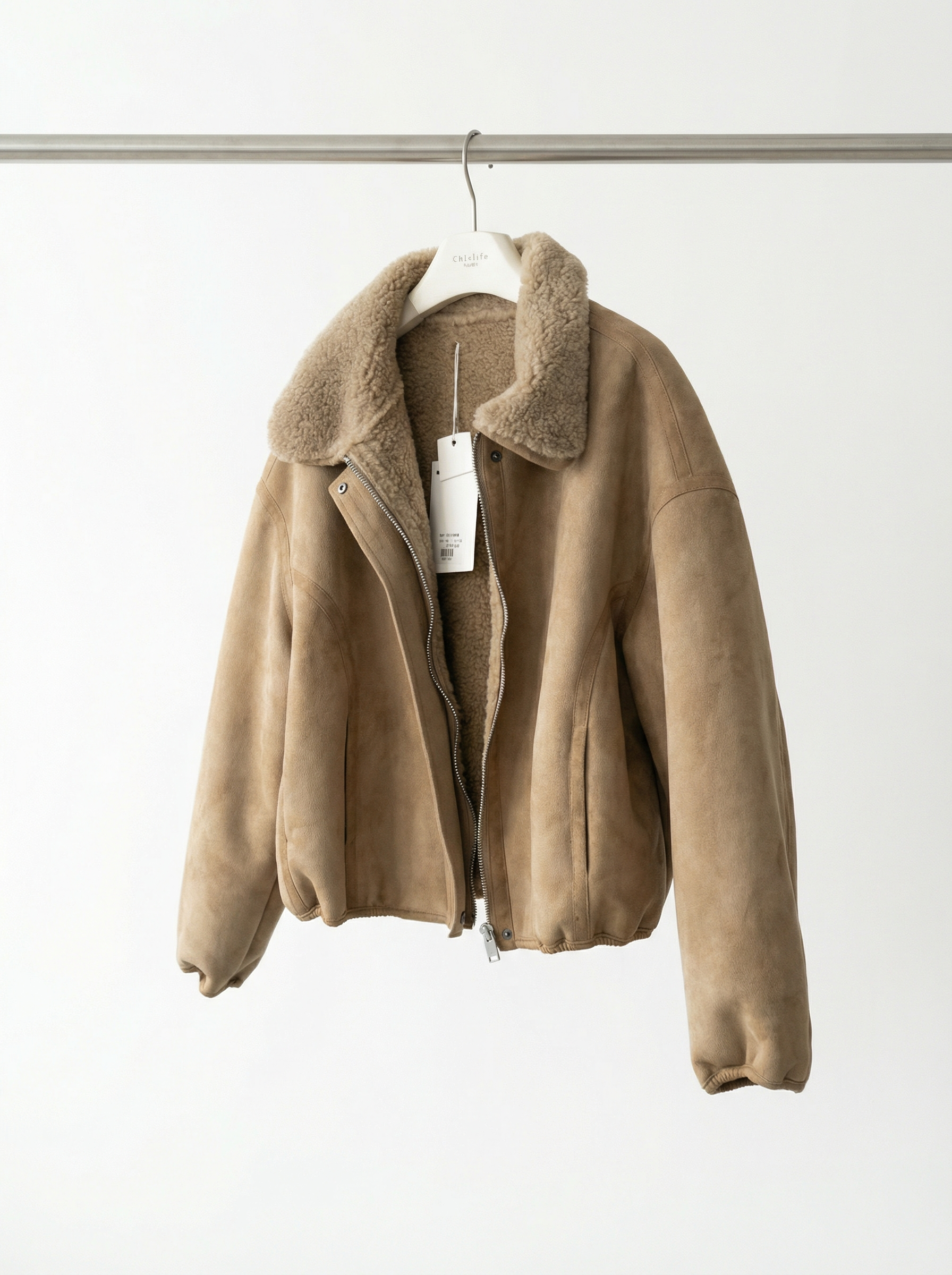 卡其色麂皮毛領短版飛行夾克