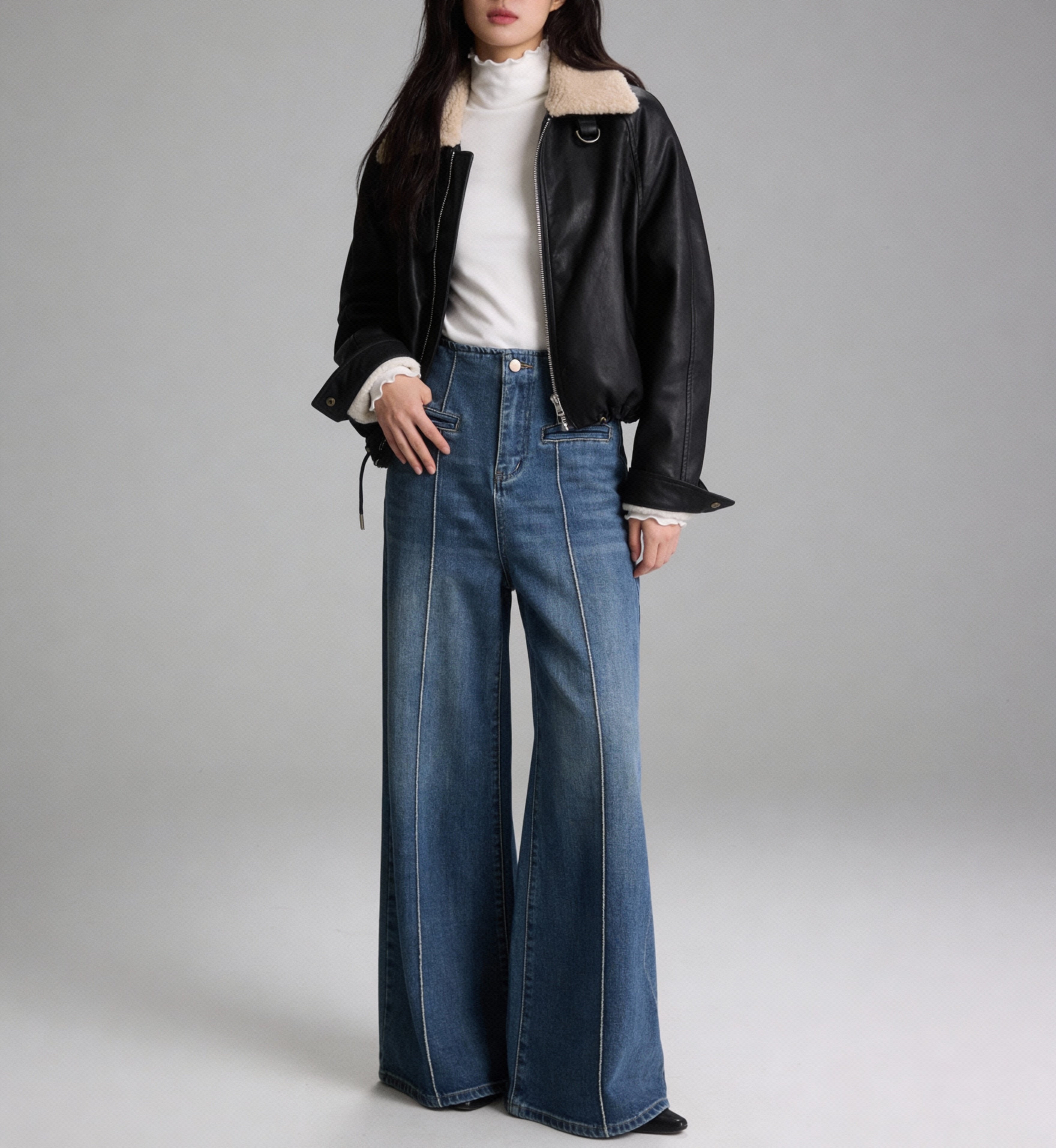 806#黑色羊羔絨領仿皮夾克