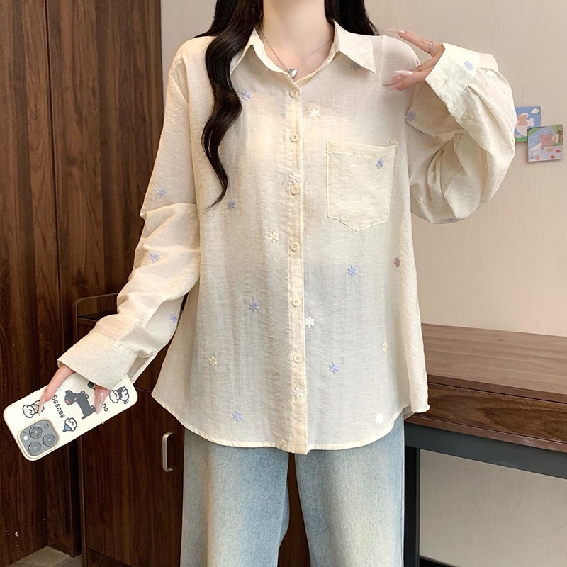 B406(7013) 韩版甜美风薄款刺绣小花翻领前排钮3色衬衫上衣