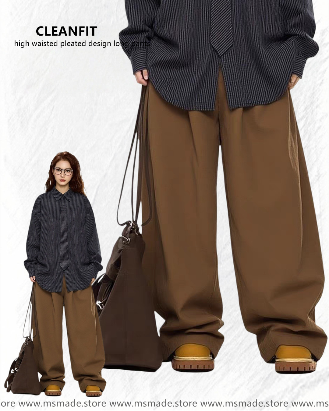 M2538高腰皺褶設計感落地褲