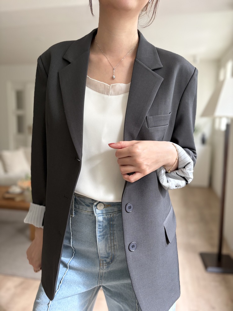 Margot Blazer with Striped Cuffs (Charcoal)