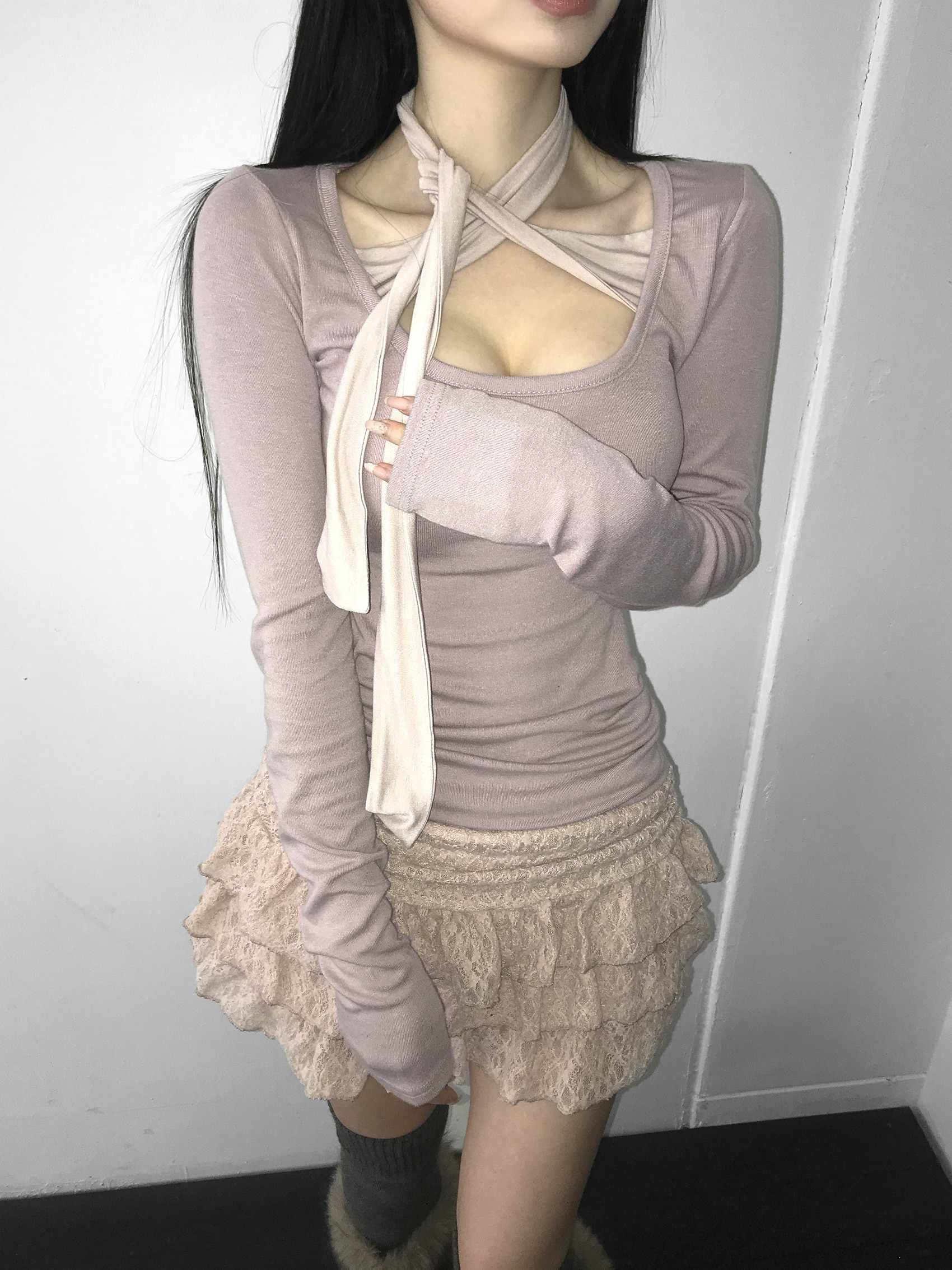 Tie-Front U Neck Long Sleeve Top