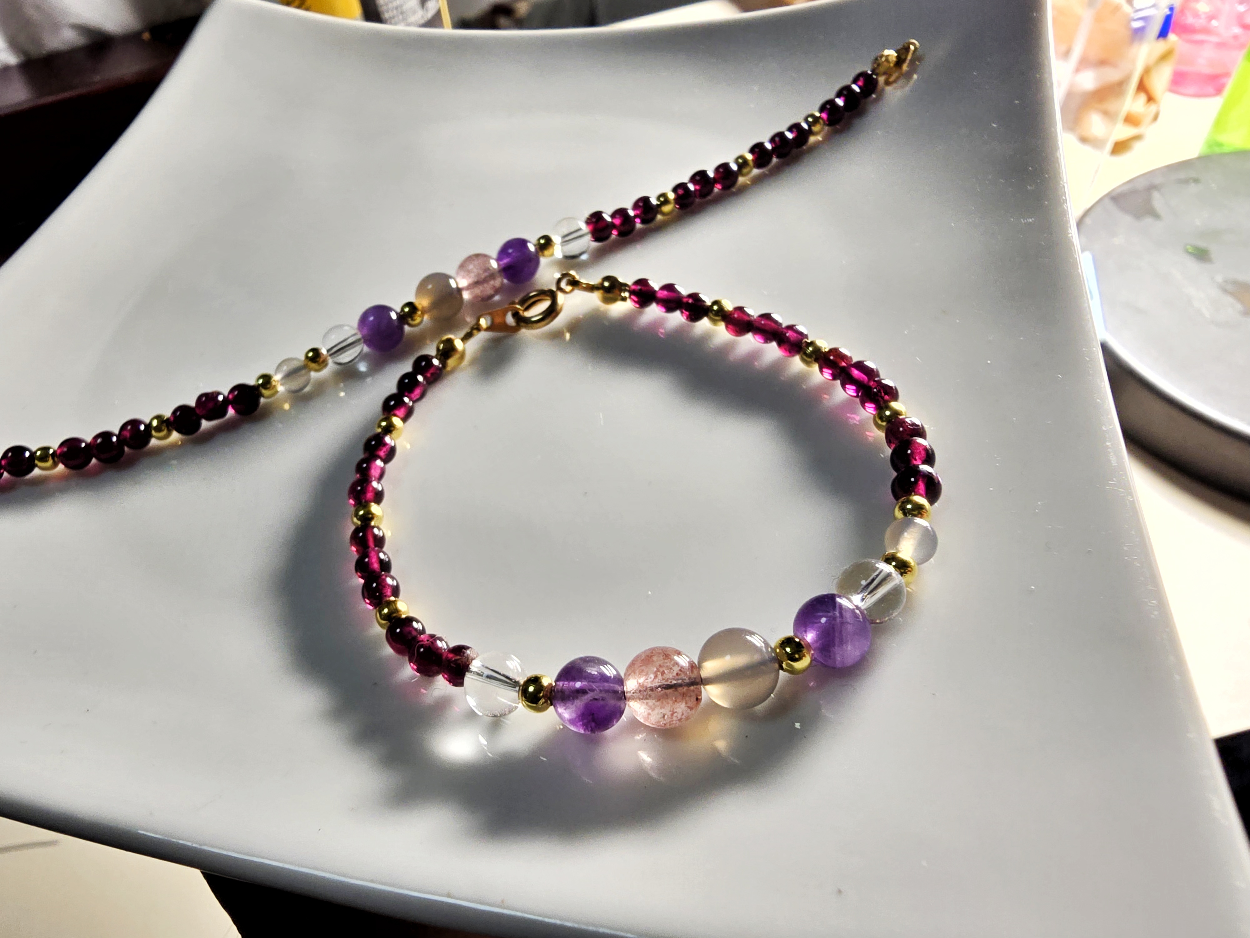 DIY0126-7 天然草莓 白水晶 紫水晶 灰瑪瑙 石榴石手鍊