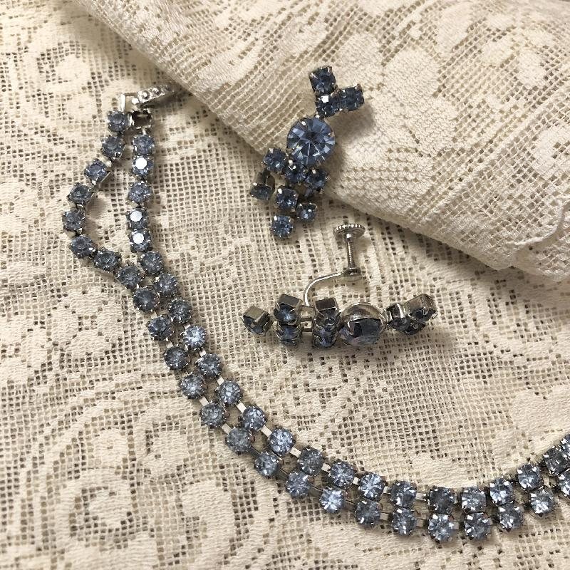 Vintage C.a. 1950s American Unsigned Blue Rhinestone Jewelry Set in Original Mirror Box(MT446)