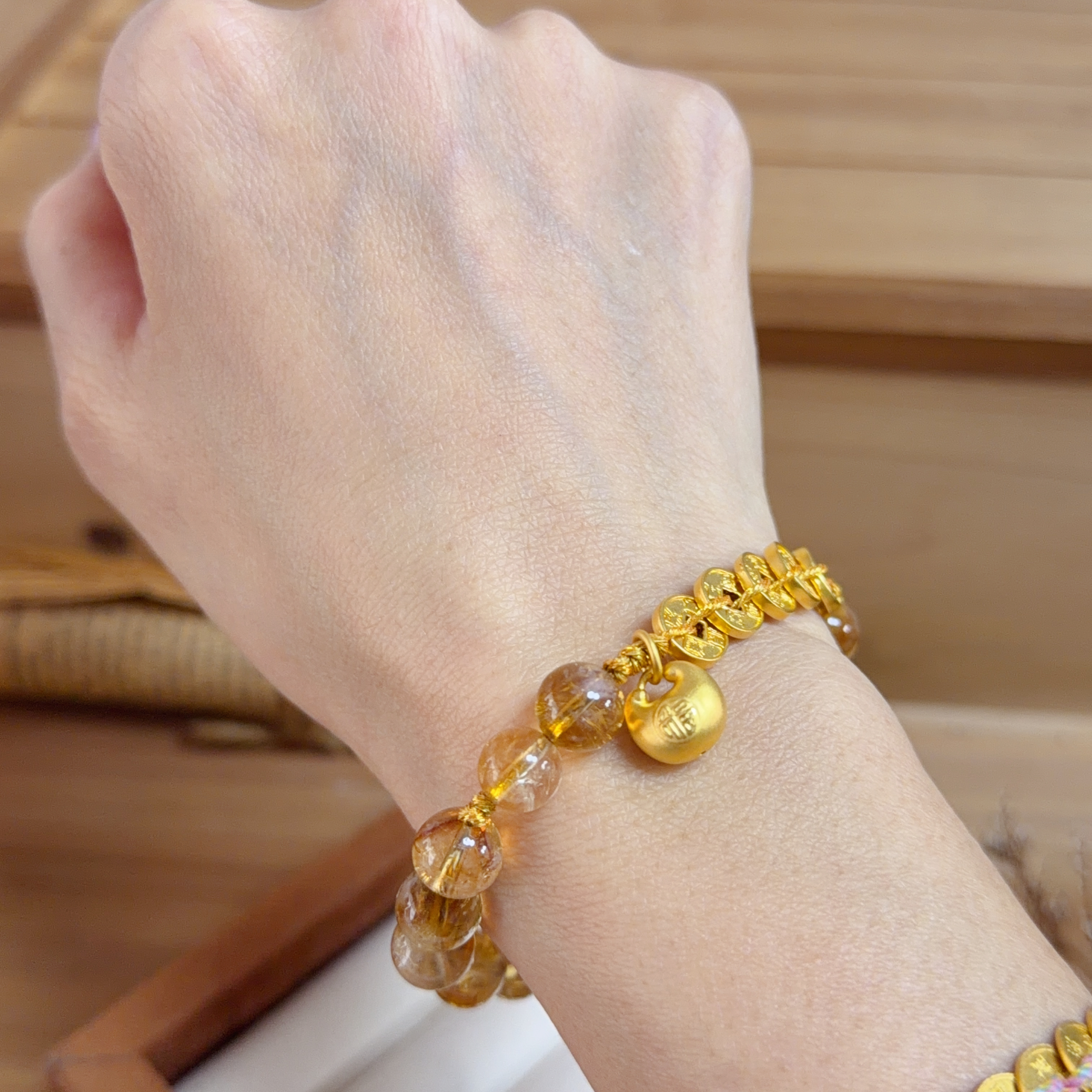 999硬金五帝錢&小福袋襯8mm黃水晶