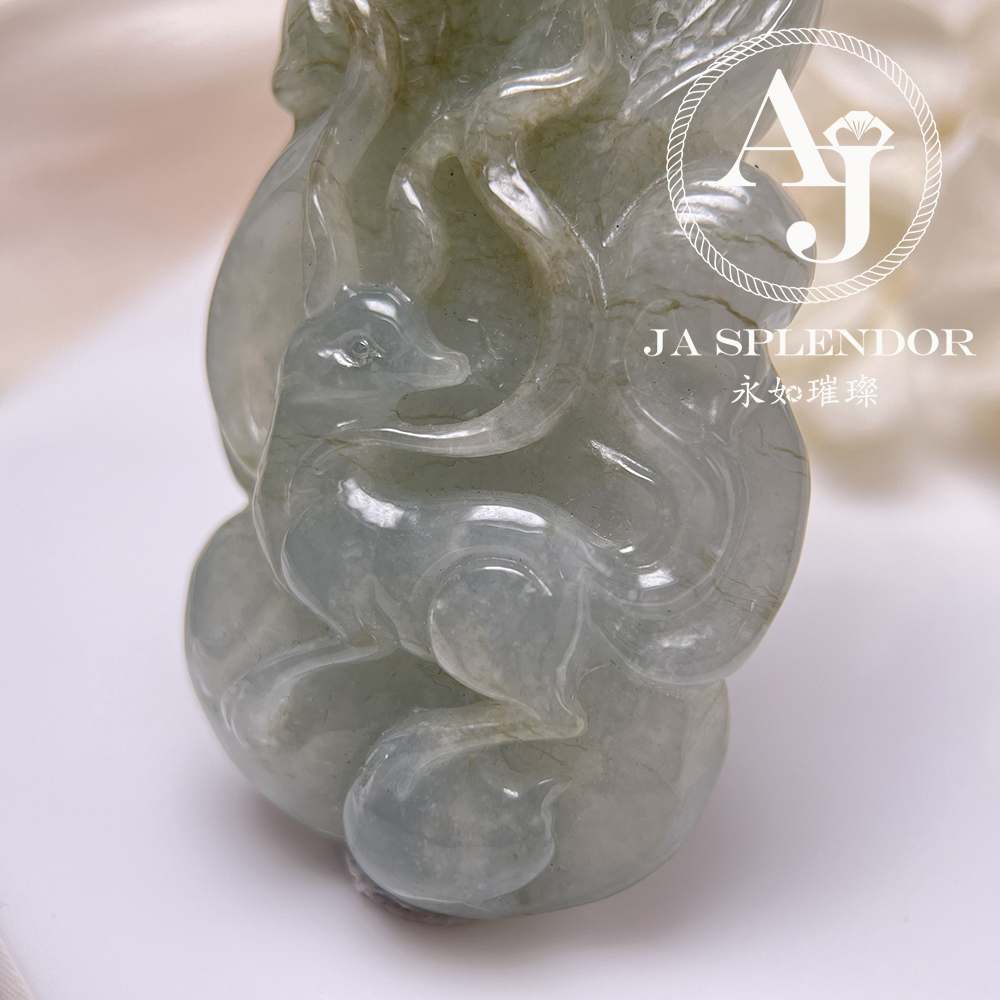 JN-945 天然翡翠A玉 綠翠福壽雙全九尾狐吊墜