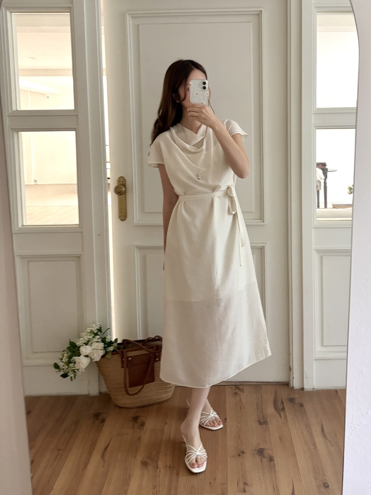 Draped Neck Dress with Inner Slip (Cream)