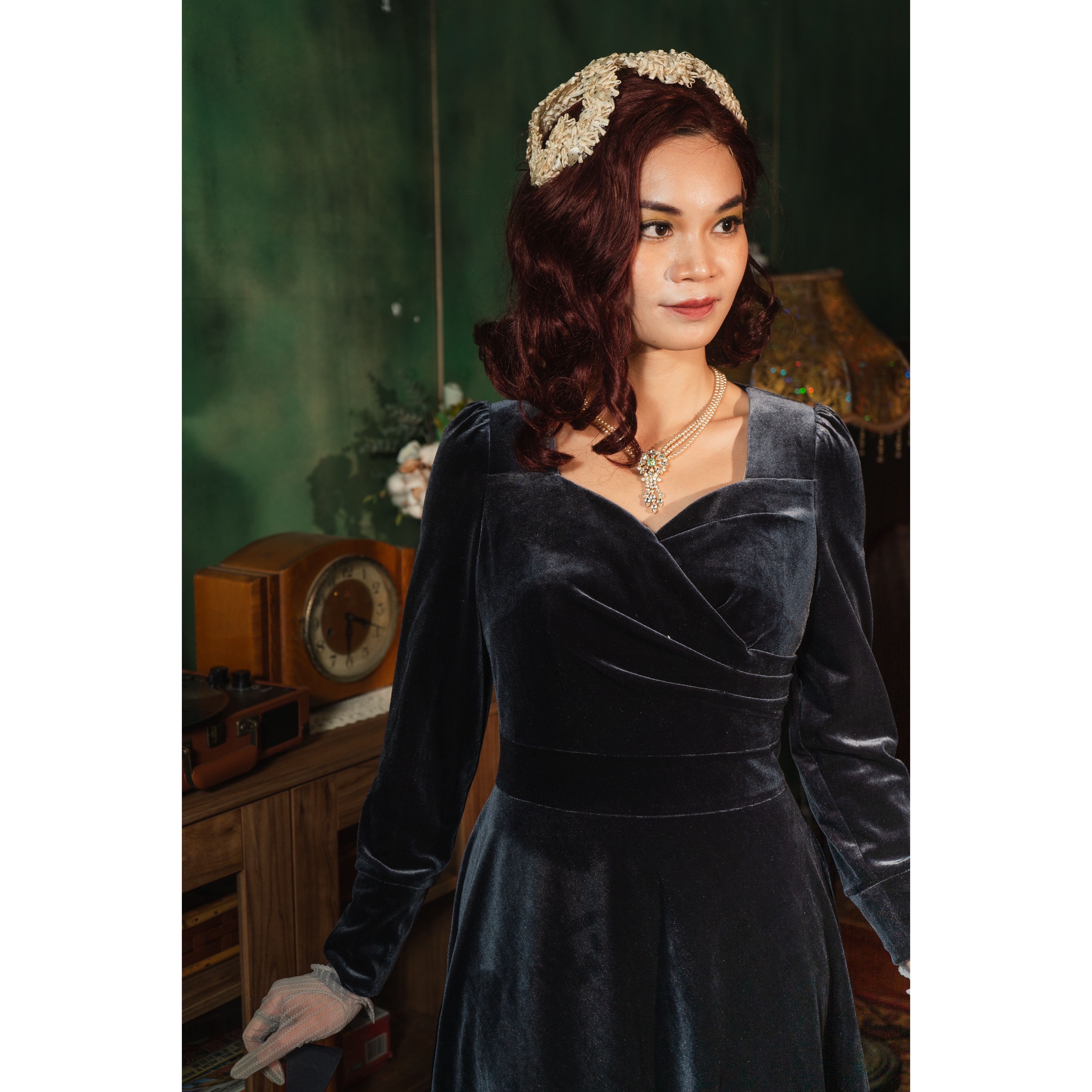 (Last M) Jewel Velvet Collection Sweetheart Wrap Swing Dress -Grey Moonstone (FM204)