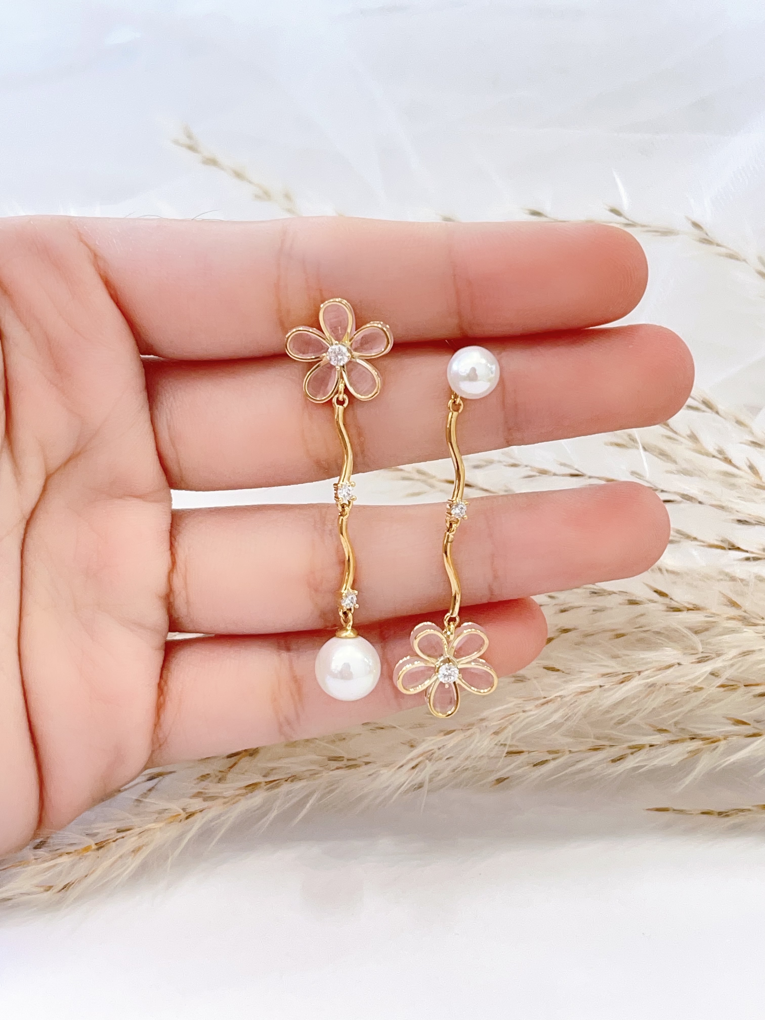 不规则小花珍珠吊坠耳环