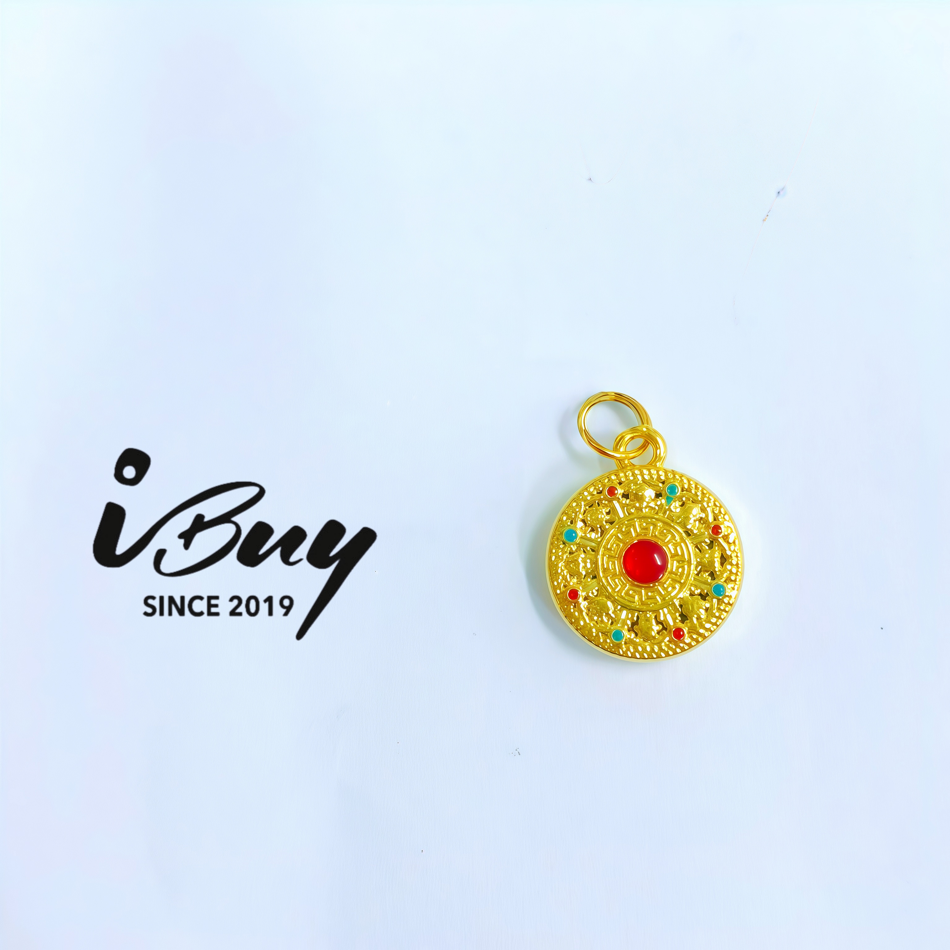 999 GOLD ENAMEL EIGHT AUSPICIONS DHARMA WHEEL PENDANT 999 金 珐琅八宝罗盘吊坠