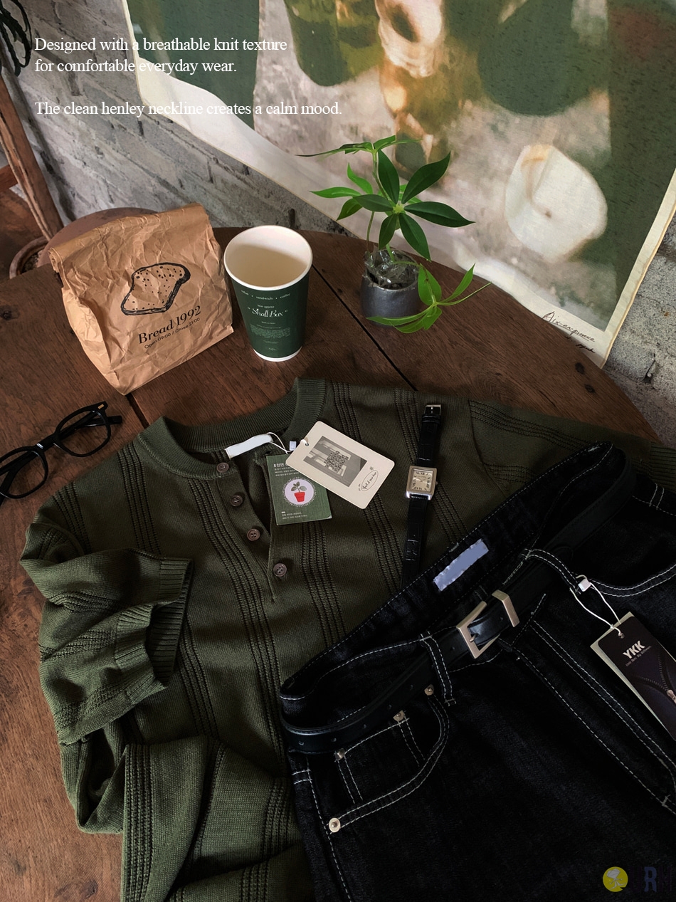 【100%保證韓國直送】French Linen 輕盈修身高透氣亨利領條紋針織衫 👕 [7 color] RL115036