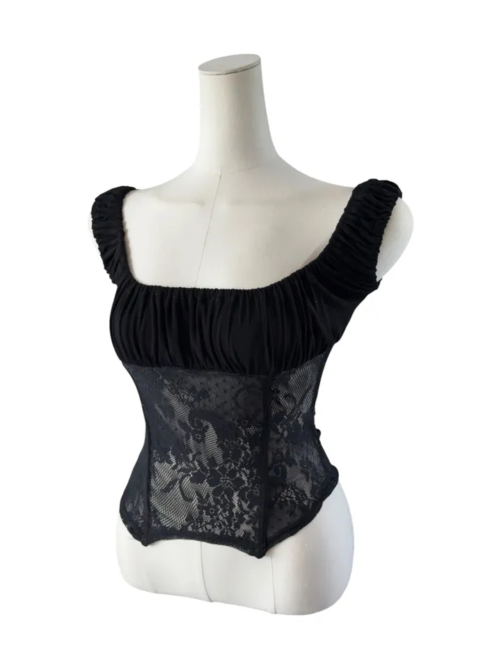 Ruched Sheer Lace Panel Corset Top