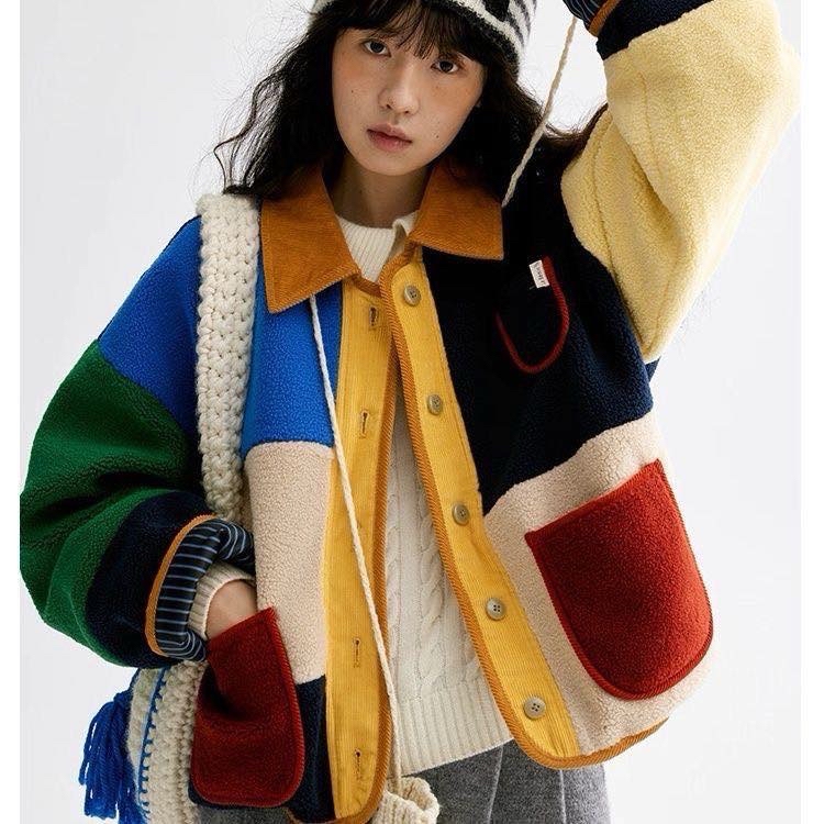 日系女裝羊羔併色褸