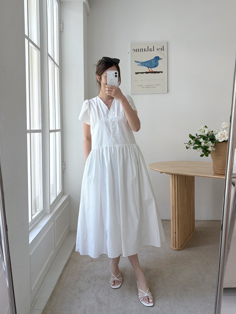 Airy Button Front Long Dress (White)