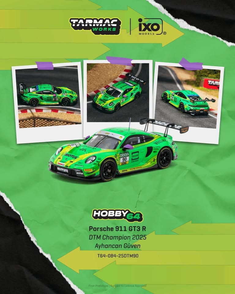 （預訂 Pre Order) Tarmac Works （ T64-084-25DTM90 ）Porsche 911 GT3 R DTM Champion 2025 Ayhancan Güven
