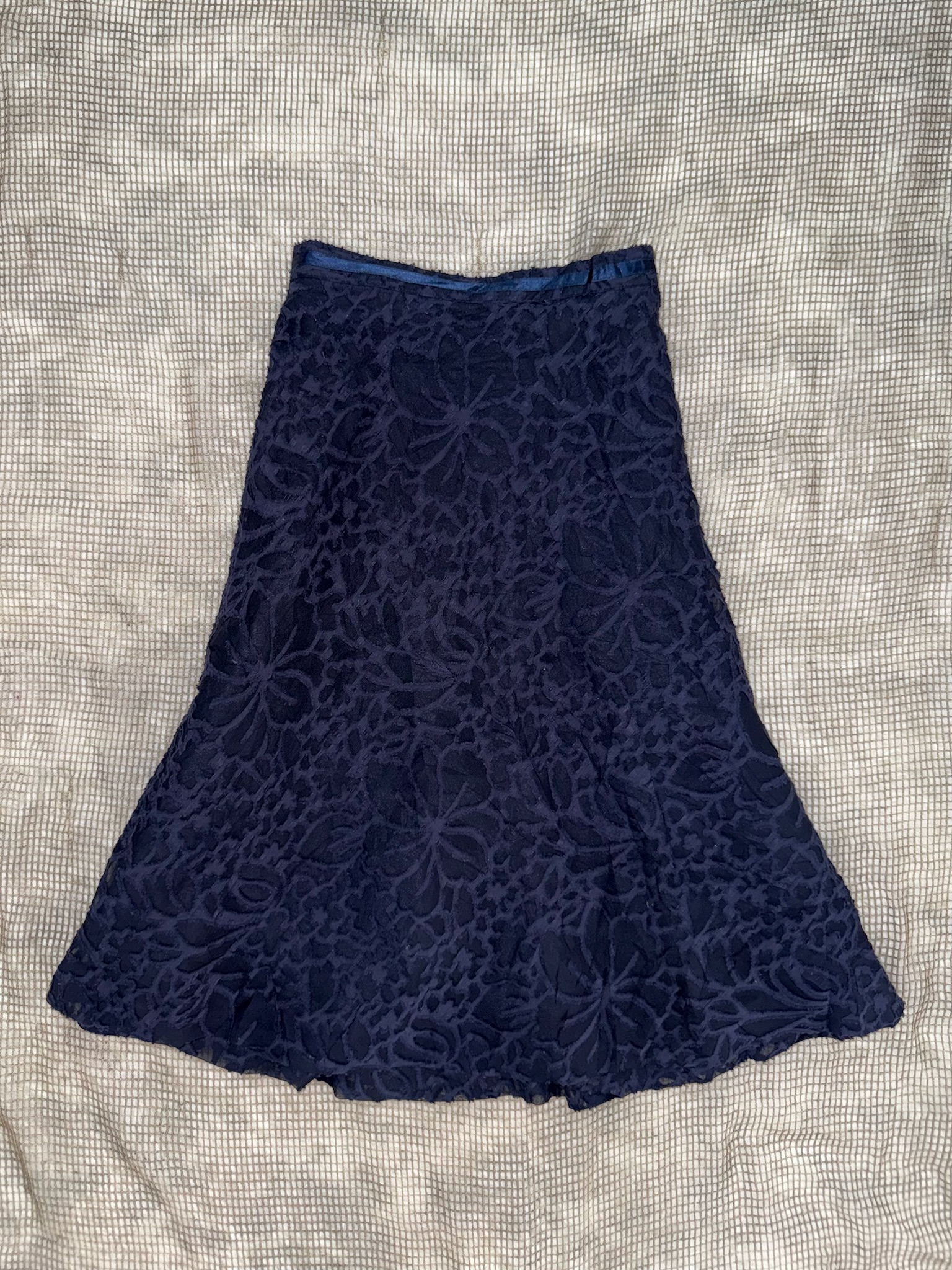 Navy Blue All-Over Floral Lace Midi Skirt