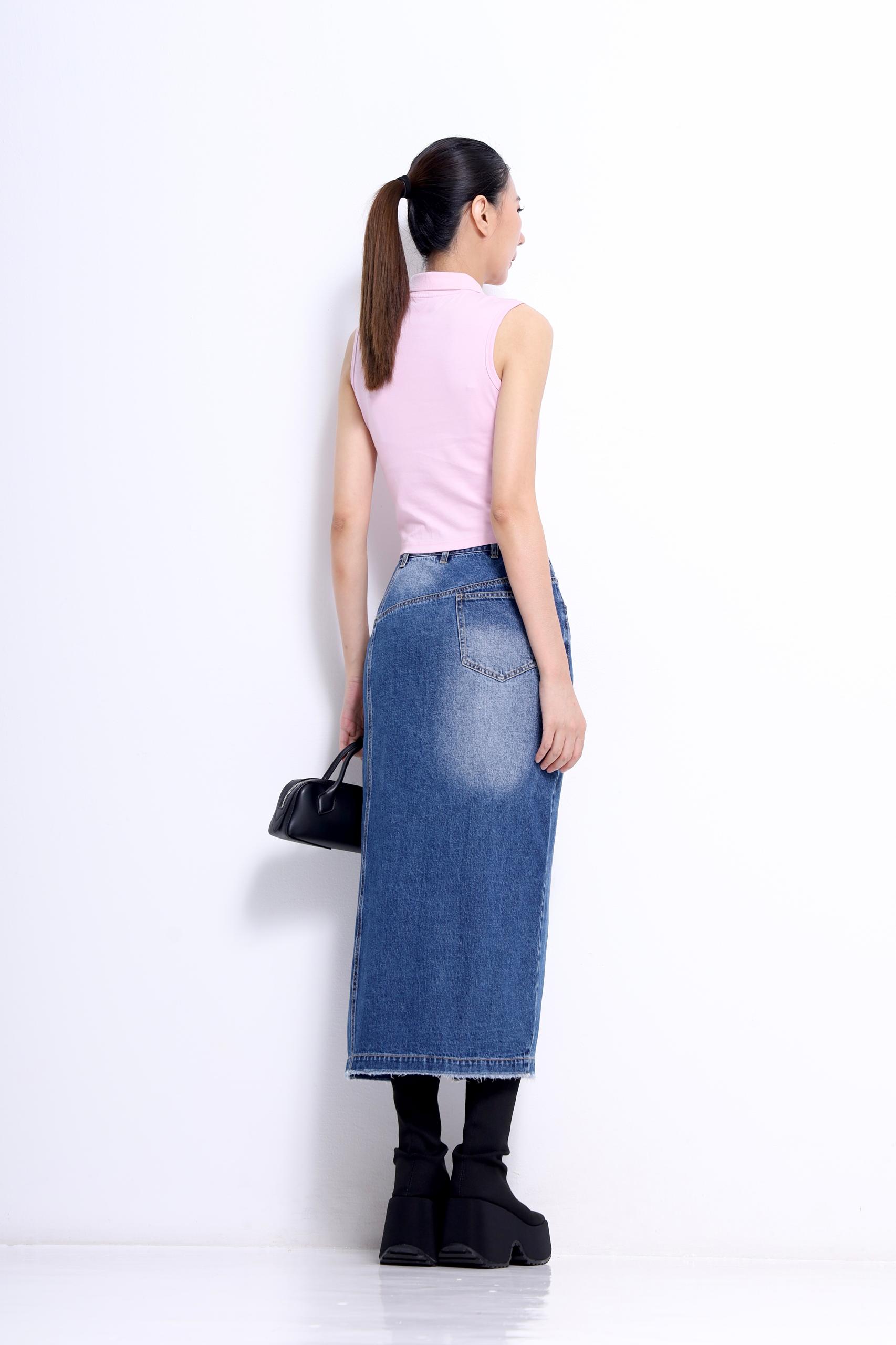 CS1427 SIDE SLIT FRAYED DENIM SKIRT