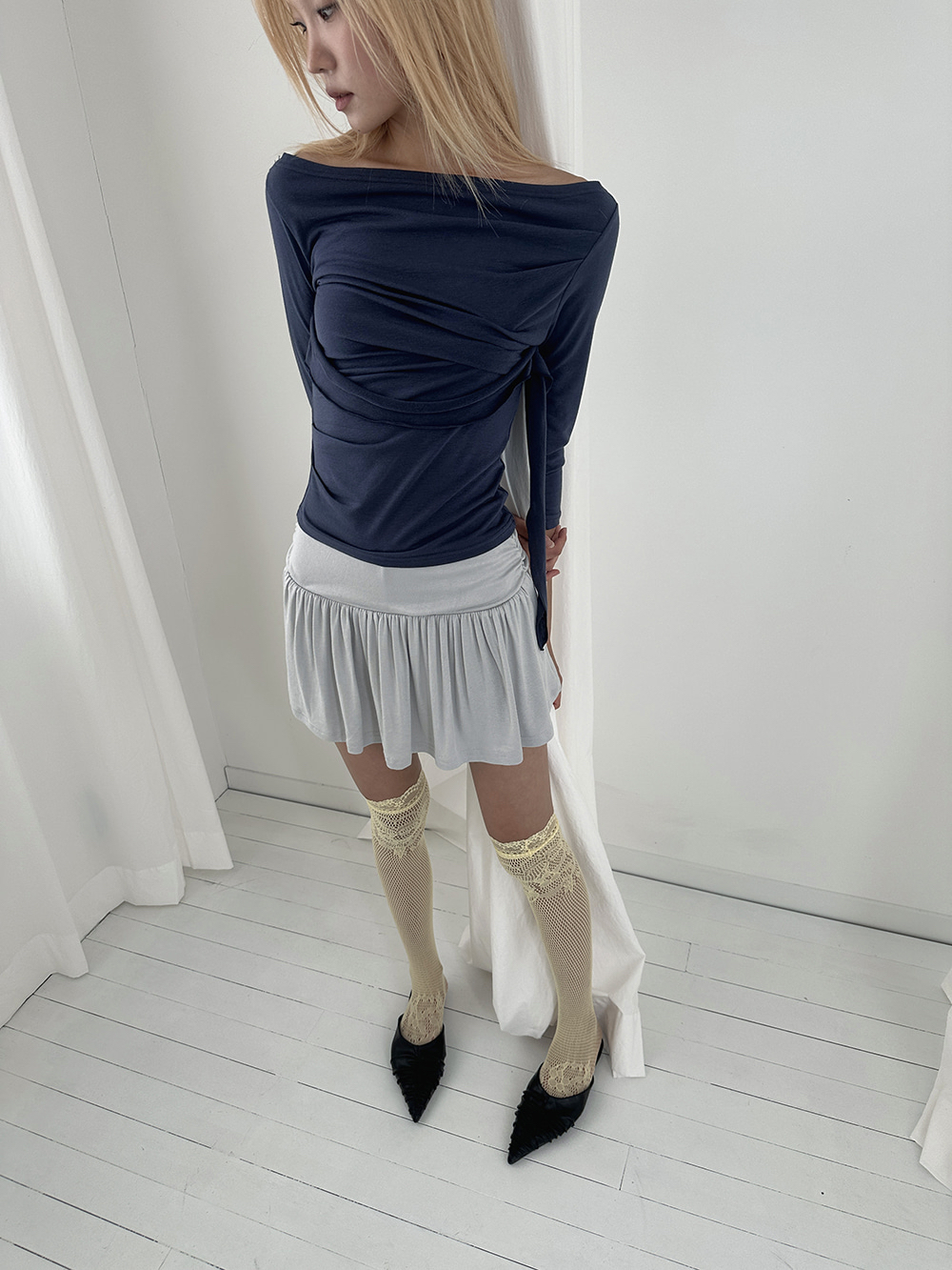 Asymmetric Ruched Boatneck Top