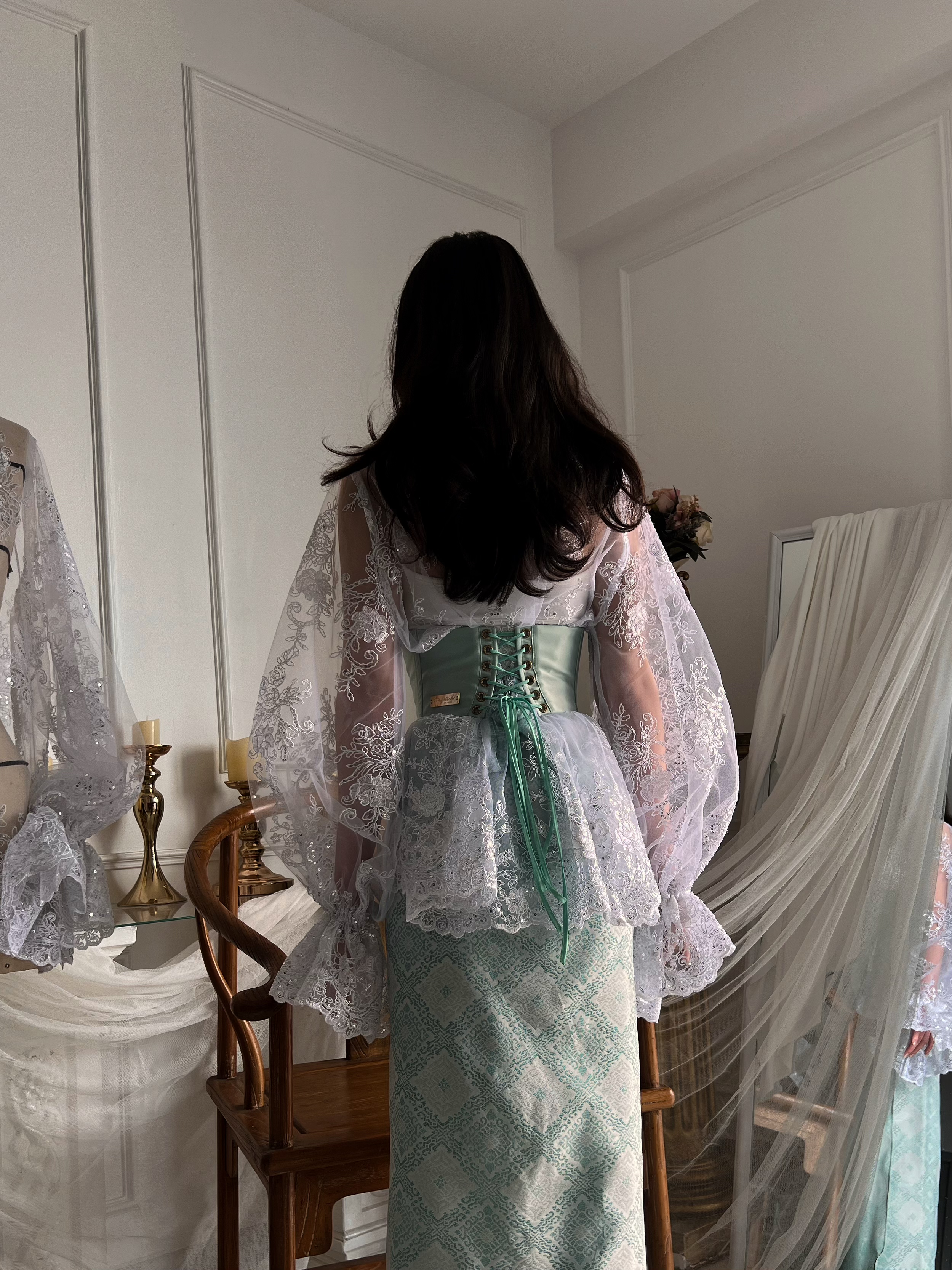 Songket Underbust Corset and Pareo Skirt in Mint Green with Angel Blouse in True White