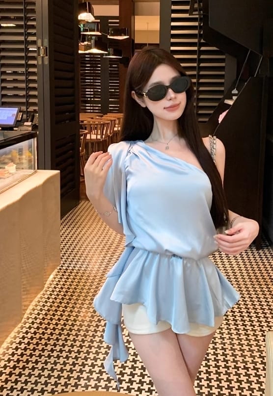 絲質斜肩千金風上衣