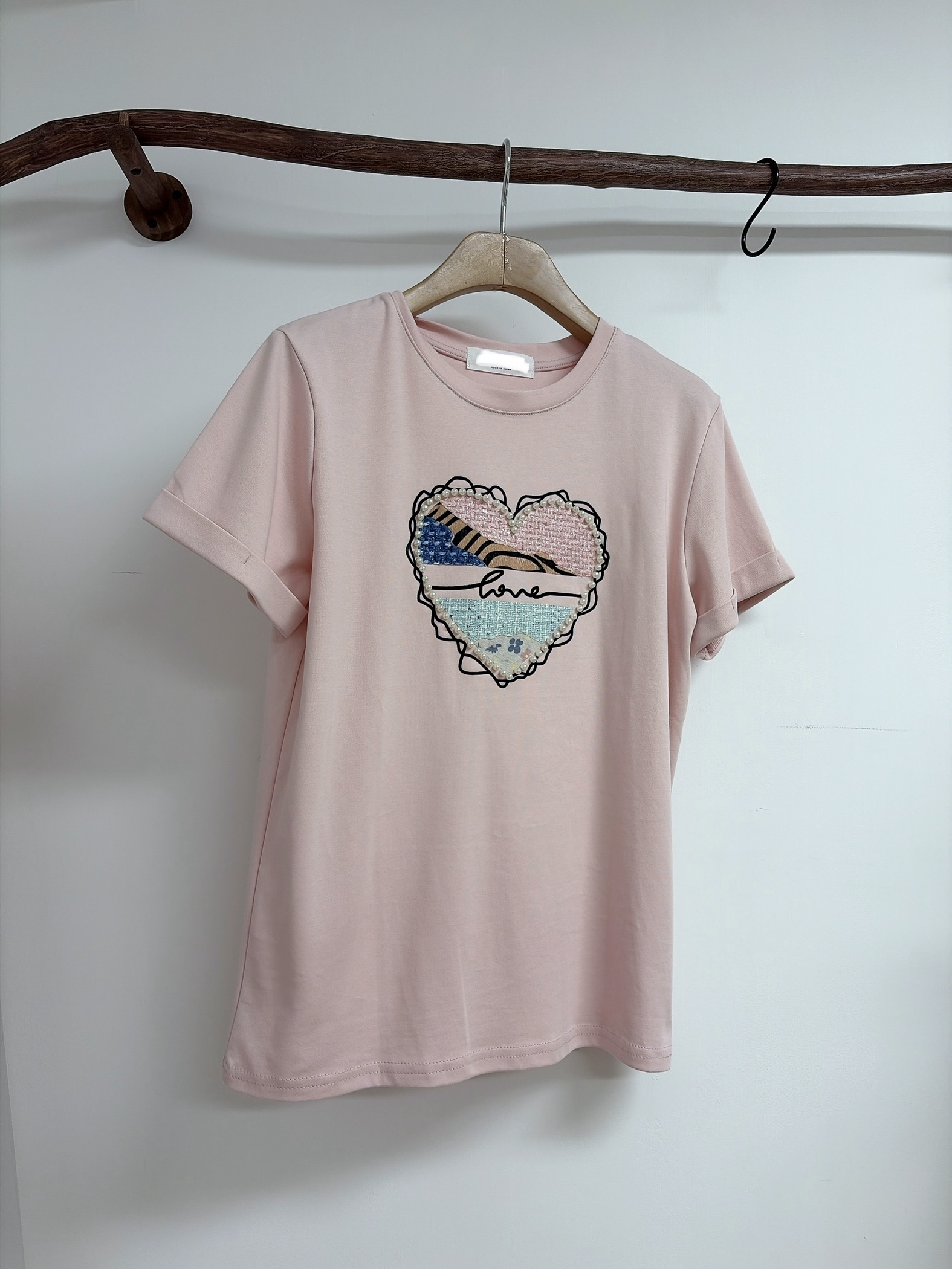 Tweeds拼色心型珠珠滑棉Tee 