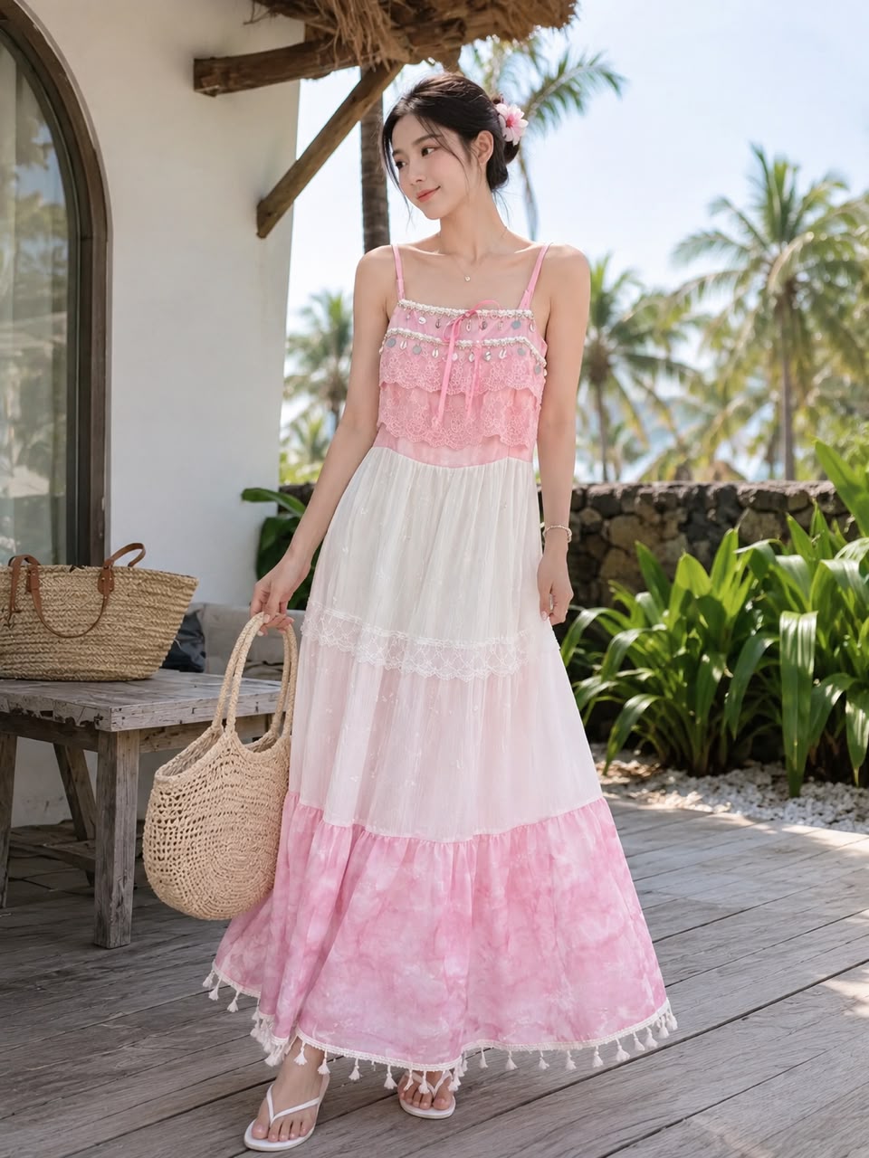 A031132 French Tie-Dye Ruffle Cami Maxi Dress